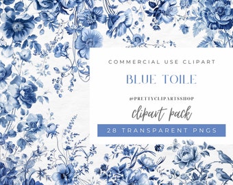 Blue Toile Flower Clipart: Chinoiserie Wedding Invitation (PNG Digital Download)