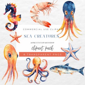 Criaturas marinas Pescador Estética Acuarela Clipart Png, Sardina Clipart Png, Pulpo, Camarón, Caballito de mar, Diseños de pescadores, Grand Millenial