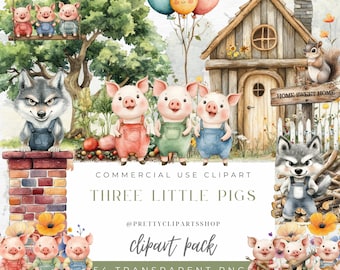Three Little Pigs Clipart: Big Bad Wolf, Watercolor Houses (PNG)