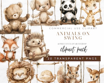 Animals on Swings Clipart, Card Making, Farm, Nursery Animals, Safari, Woodland Baby-Shower, Digital, Transparent Background, Commercial Use