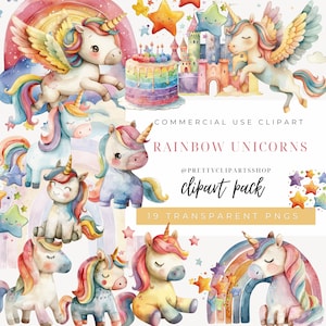 Pastel Unicorn Rainbow Watercolor Clipart: Nursery Decor (Commercial Use)