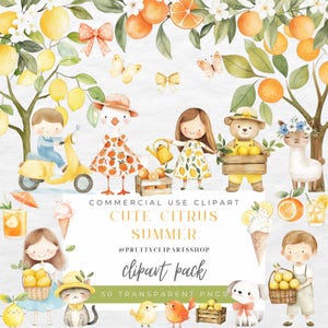 Clipart di agrumi carini PNG, limoni estivi italiani, arance, lime, bambini, asilo nido, clipart di frutta kawaii, uso commerciale, Amalfi, sublimazione