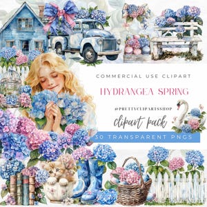 May include: A digital clipart pack featuring watercolor illustrations of hydrangeas, a vintage truck, a birdcage, a girl holding hydrangeas, a cat, rain boots, a basket of hydrangeas, a white picket fence, and a swan. The text "Hydrangea Spring" and "clipart pack" are included in the image.