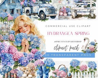 Hydrangea Watercolor Clipart: Cottage Core Spring PNG Stickers (Commercial Use)