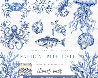 Nautical Blue Toile Watercolor Clipart: Ocean Animals PNG (Digital Download)