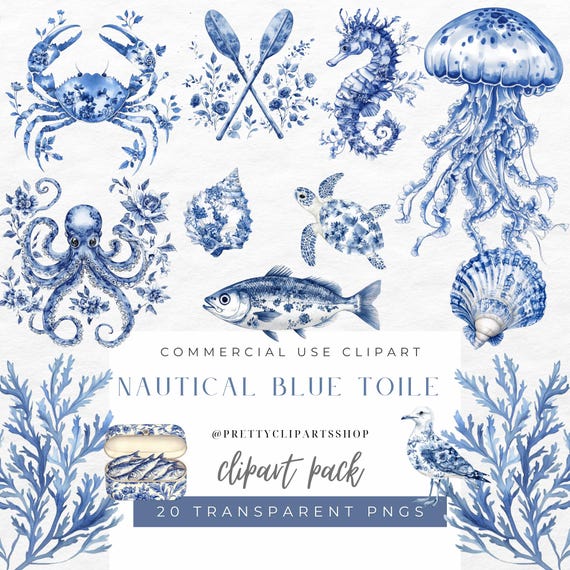 Nautical Blue Toile Watercolor Clipart: Ocean Animals PNG (Digital Download)