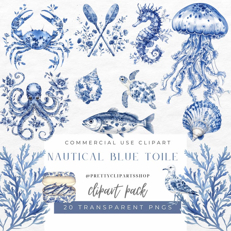 May include: A set of 20 blue and white nautical themed clipart images. The images include a crab, seahorse, jellyfish, octopus, seashell, turtle, fish, seagull, and seaweed. The images are in a blue and white toile pattern.