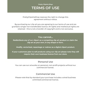 May include: Terms of use for digital clipart.  The text states that by purchasing clipart, you agree to a single non-transferable license.  You cannot redistribute the clipart as a competing product or claim it as your own.  You can use the clipart for personal, non-profit projects without a commercial license.  A small business unlimited commercial license is included with purchase.