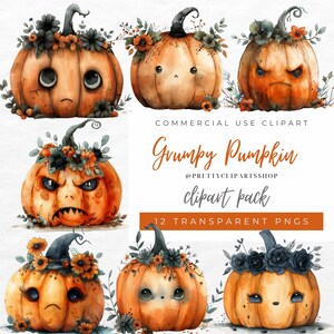 May include: A set of 12 digital clipart images featuring watercolor illustrations of grumpy pumpkins with different facial expressions. Each pumpkin is adorned with flowers and leaves, creating a whimsical and spooky Halloween theme. The text "Grumpy Pumpkin" and "clipart pack" is included in the image.