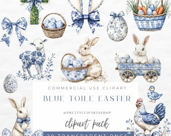 Blue Toile Easter Clipart: Bunny, Goose, Eggs PNG (Digital Download)