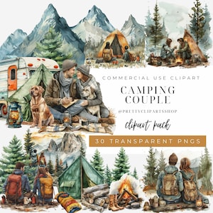 Aquarelles cliparts de couple de camping à usage commercial, couple de chemises de camping, couple de voyage et camping d'été