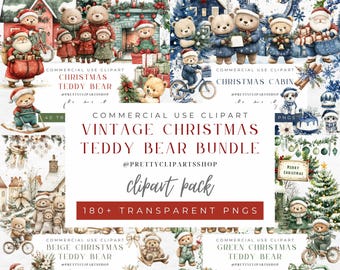 Paquete de imágenes prediseñadas de acuarela de ositos de peluche navideños vintage (PNG)