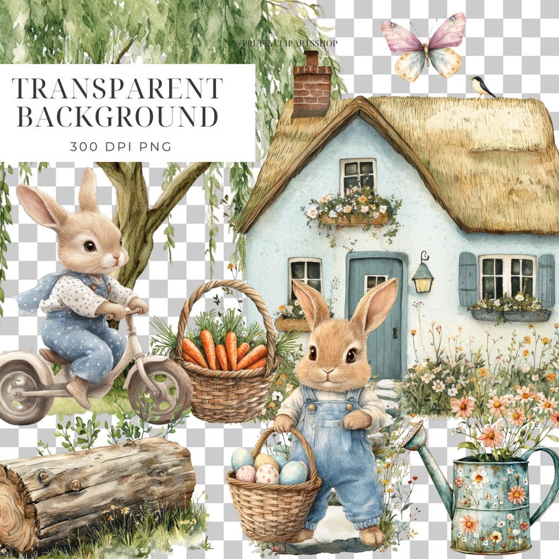May include: A watercolor illustration of a cottage with a thatched roof, surrounded by flowers and two bunnies. One bunny is riding a bicycle and the other is holding a basket of Easter eggs.