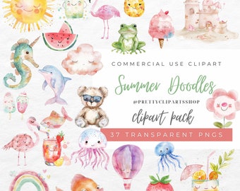 Summer Clipart PNG, Cute Summer Doodle Clipart Bundle, Watercolour Beach Clipart, Commercial Use, Holiday Vacation Clipart