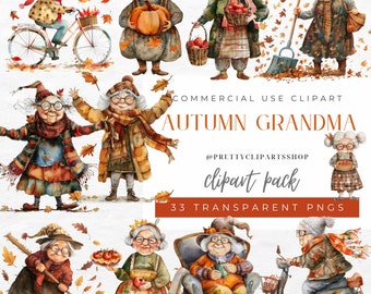 Autumn Granny Clipart: 33 Watercolor Old Ladies PNG (Commercial Use)