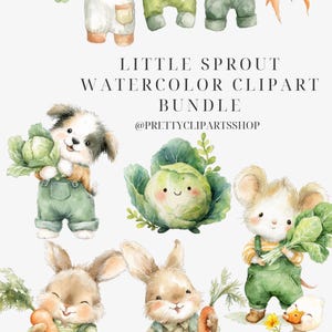 May include: Watercolor clipart bundle featuring adorable animals and vegetables. Includes a puppy, bunnies, a mouse, and a duck, all wearing overalls and holding carrots, cabbage, and greens. Also includes baby clothes and carrots hanging on a clothesline. Text: "Little Sprout Watercolor Clipart Bundle".