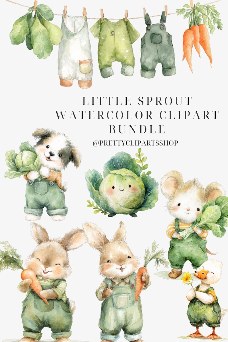 May include: Watercolor clipart bundle featuring adorable animals and vegetables. Includes a puppy, bunnies, a mouse, and a duck, all wearing overalls and holding carrots, cabbage, and greens. Also includes baby clothes and carrots hanging on a clothesline. Text: "Little Sprout Watercolor Clipart Bundle".