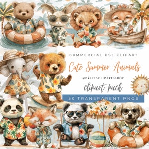 Cute Summer Baby Animals Clipart PNG Bundle for Commercial Use, Safari Animals, Cute Woodland Nursery Baby Shower, Watercolor Graphics