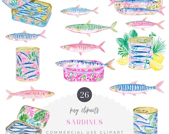 Imágenes prediseñadas de sardinas estilo preppy en formato PNG, acuarela, estética de pescador, náutica, uso comercial.