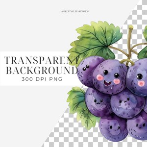 May include: A bunch of purple grapes with cute cartoon faces. The grapes are painted in a watercolor style and have green leaves.