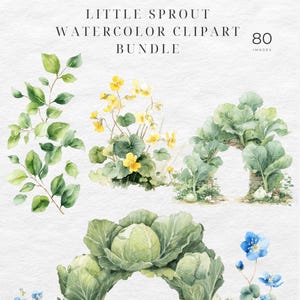 May include: Watercolor clipart bundle featuring illustrations of sprouts, flowers, and foliage. The image includes text that reads "Little Sprout Watercolor Clipart Bundle" and "Commercial Use Clipart". The bundle includes 80 images.