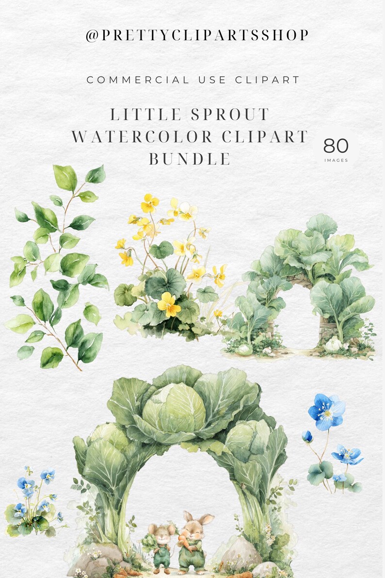 May include: Watercolor clipart bundle featuring illustrations of sprouts, flowers, and foliage. The image includes text that reads "Little Sprout Watercolor Clipart Bundle" and "Commercial Use Clipart". The bundle includes 80 images.