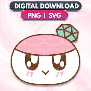 May include: A cartoon illustration of a pink and white mochi with a diamond on top. The mochi has brown eyes and a small smile. The text "17" is written on each cheek.