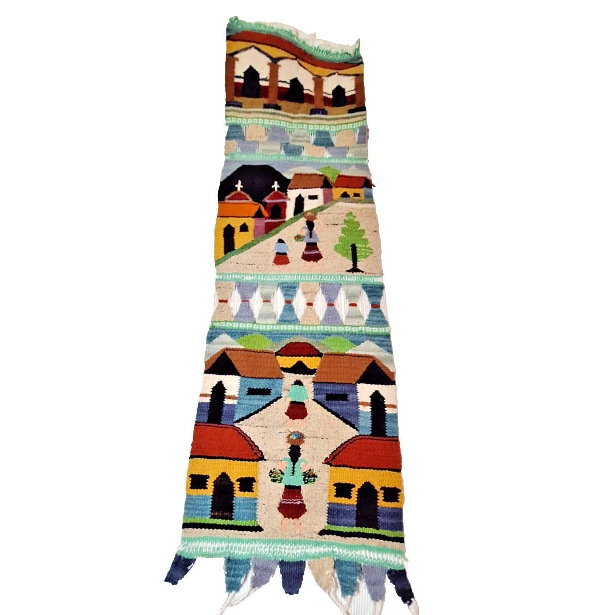 Hand Woven Wool Mexican Wall Hanging Southwestern Folk Art Church 22" x 78"