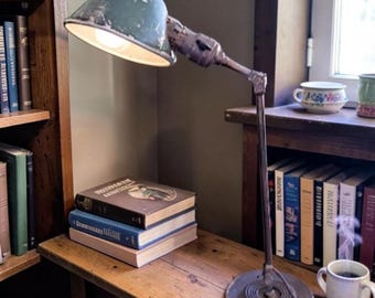 Antique Faries Industrial Lamp Green Articulated Table Wall Mount W/ Shade 1898