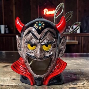 Rare ENESCO Devil Demon Head Ceramic Cigarette Ashtray W/ Original Trident Fork