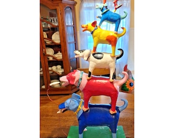 Rare Gerardo Ortega Stacked 5 Dog Tower 31.5