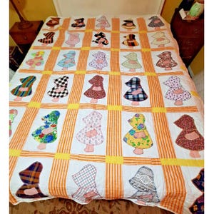Sun Bonnet Sue Quilt 68&quot; x 80&quot; Embroidered Hand Quilted Full Double