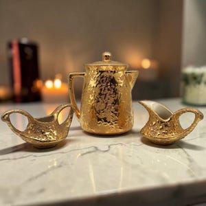 Weinende Gold Sunburst Kaffeekanne W / Zucker Und Milchkännchen 24K McCoy Keramik