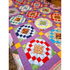Vintage Hand Made Hand Quilted Pink Purple Quilt 78&quot; x 85&quot; Handmade