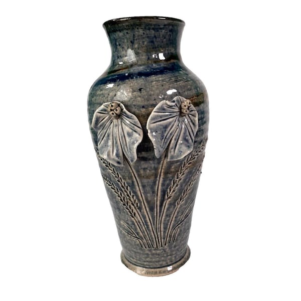 Blue Studio Art Pottery 10" Vase w/ Floral Handmade Artist Signed