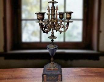 Bronze Vierarmiger Kandelaber 19 "T eingelegter Marmor Renaissance Revival Ende 1800er Jahre