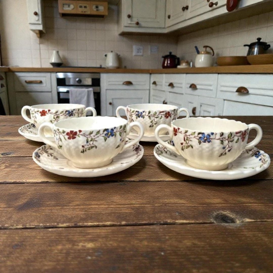 4 Spode Copeland Wicker Dale Broth Soup Bowls 8 Pieces England Old