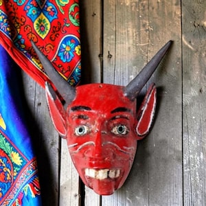 Vintage Hand Carved Wood Mexican Devil Diablo Mask Folk Art Demon 8.5" High