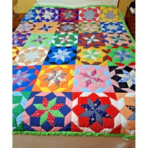 8 Point Star Quilt 68&quot; x 79&quot; Hand Quilted Cotton Vintage