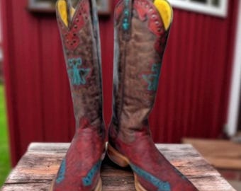 Tin Haul Arrowhead Women's Boots 76089 Mexico Size 8.5 Burgundy Teal New