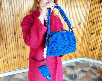 Bolso de noche de ganchillo azul con mini bolso, bolso de embrague vintage, bolso de noche, bolso de asa superior de fiesta, bolso bandolera con cerradura de beso, bolso de boda, regalo