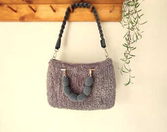 Crochet Teddy Grey Bag, Luxury Fur Plush Bag, Unique Design Casual Shoulder Bag, Stylish Top Handle Bag,Unique Designer Bag, Mother Day