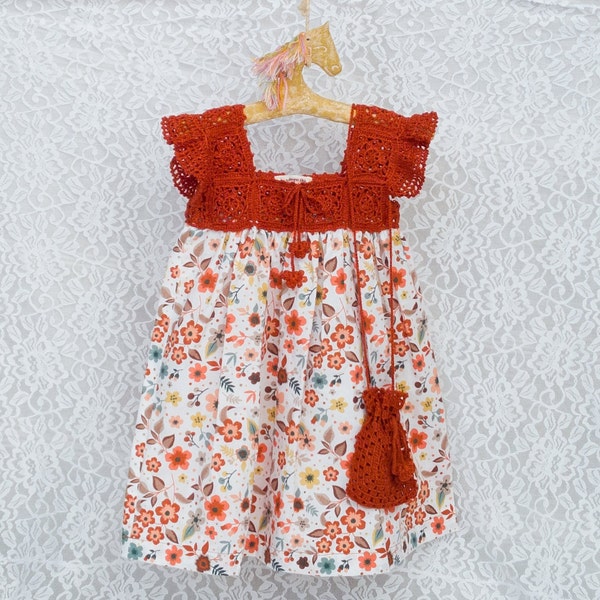 Crochet Cotton Little Girl Dress & Pouch Bag, Organic Baby Crochet Clothes, Cotton Baby Dress, Kids Fashion, Holiday Flower Girl Dress, Gift