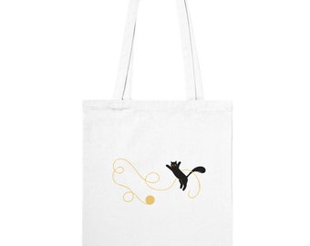 Cat Playing with Yellow Yarn Tote Bag - Double-Sided - Playful Kitten Collection #4