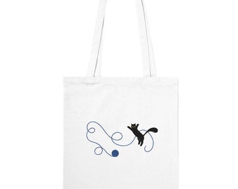 Cat Playing with Blue Yarn Tote Bag - Double-Sided - Playful Kitten Collection #4