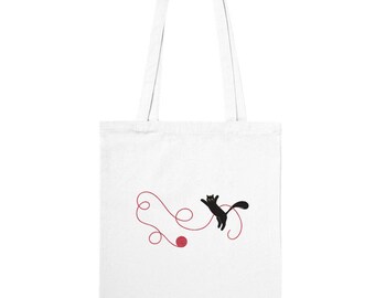 Cat Playing with Red Yarn Tote Bag - Double-Sided - Playful Kitten Collection #4