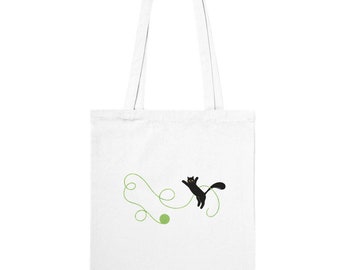 Cat Playing with Green Yarn Tote Bag - Double-Sided - Playful Kitten Collection #4