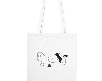 Cat Playing with Black Yarn Tote Bag - Double-Sided - Playful Kitten Collection #4