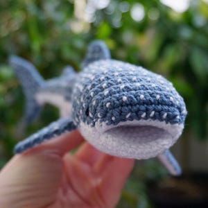 Könnte beinhalten: Ein handgefertigtes Walhai-Spielzeug aus Häkelarbeit in Blau- und Weißtönen. Der Hai hat einen strukturierten Körper mit weißen Punkten, ein weißes Maul und detaillierte Flossen. Das Spielzeug wird in einer Hand gehalten.