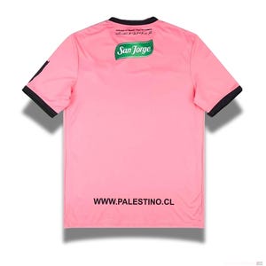 May include: Pink soccer jersey with black trim and a green logo that says "San Jorge". The back of the jersey has the text "WWW.PALESTINO.CL" printed in black.